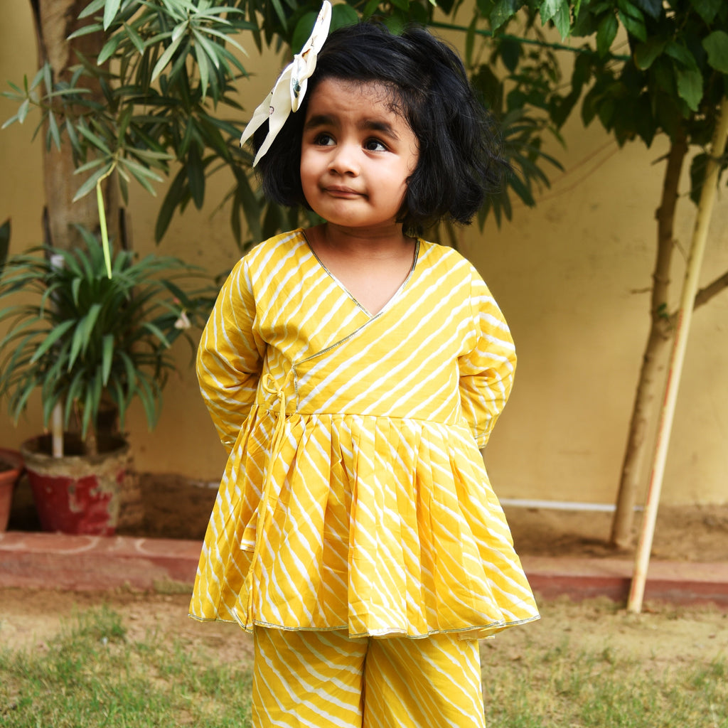 Girls Yellow Leheriya Angrakha Kurta Culottes Set