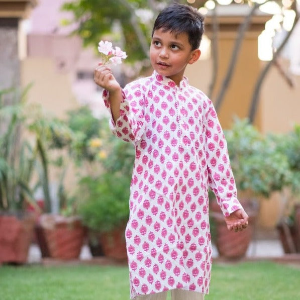 Boys Pink Floral Kurta Set