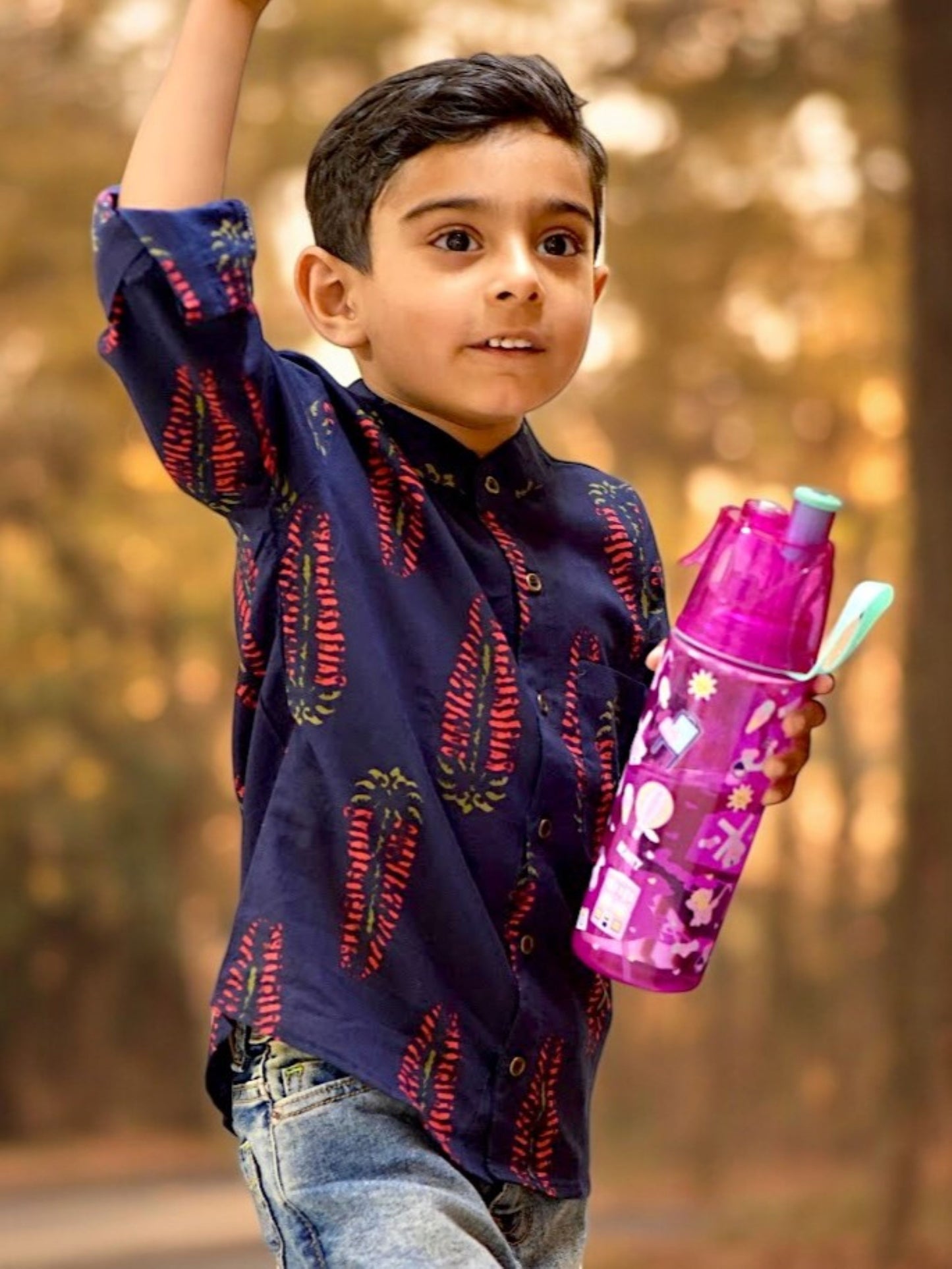 Boys Deep Blue Salvia Full Sleeves Mandarin Collar Shirt