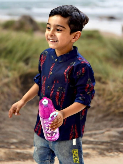 Boys Deep Blue Salvia Full Sleeves Mandarin Collar Shirt