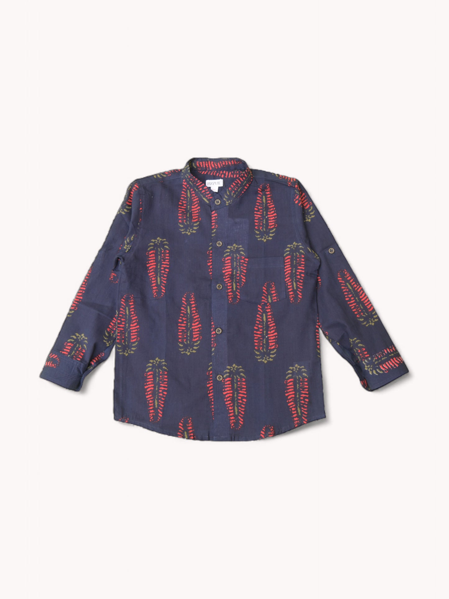 Boys Deep Blue Salvia Full Sleeves Mandarin Collar Shirt