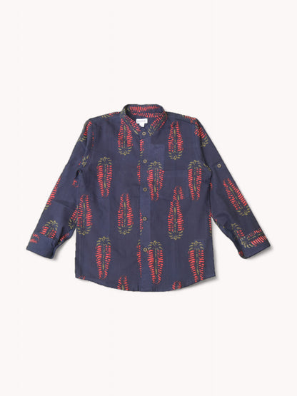 Boys Deep Blue Salvia Full Sleeves Mandarin Collar Shirt