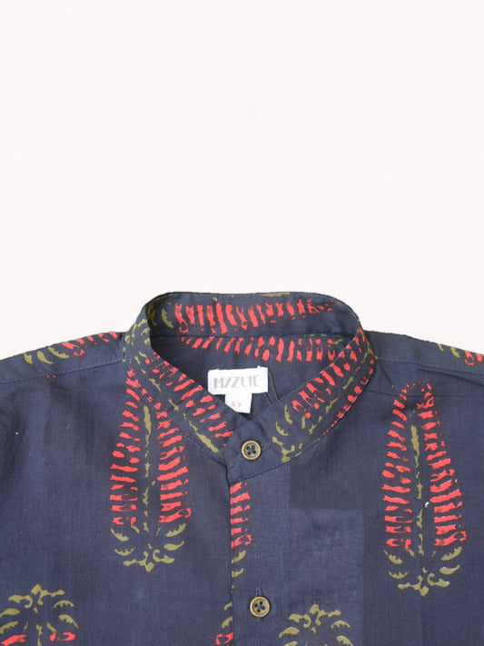 Boys Deep Blue Salvia Full Sleeves Mandarin Collar Shirt