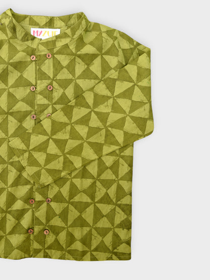 Boys Earthy Green Double Button Full Sleeves Mandarin Collar Shirt