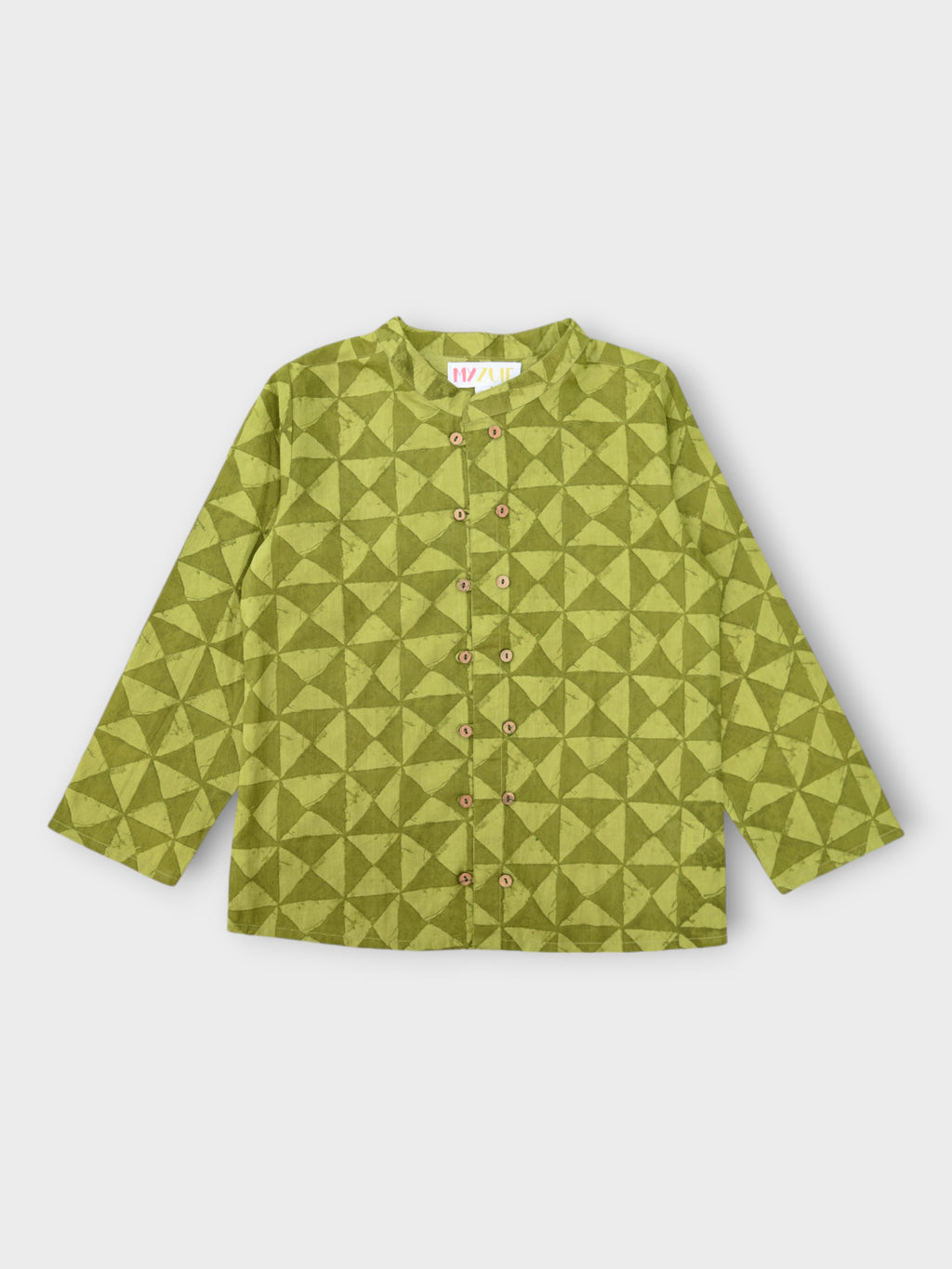 Boys Earthy Green Double Button Full Sleeves Mandarin Collar Shirt