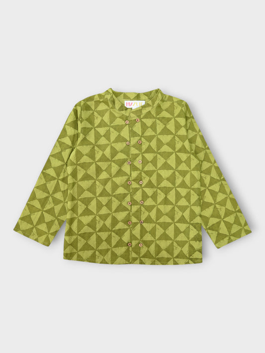 Boys Earthy Green Double Button Full Sleeves Mandarin Collar Shirt