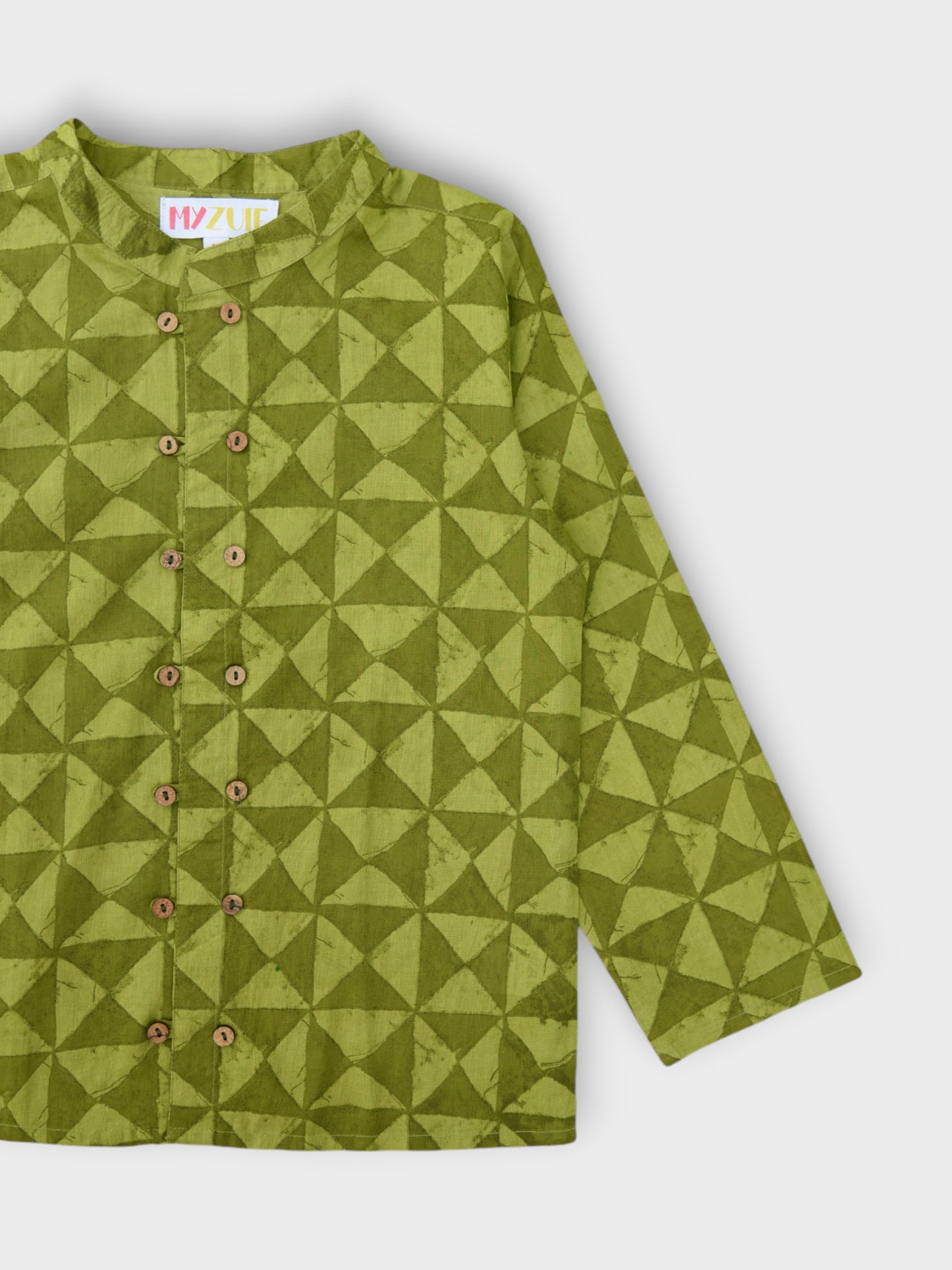 Boys Earthy Green Double Button Full Sleeves Mandarin Collar Shirt