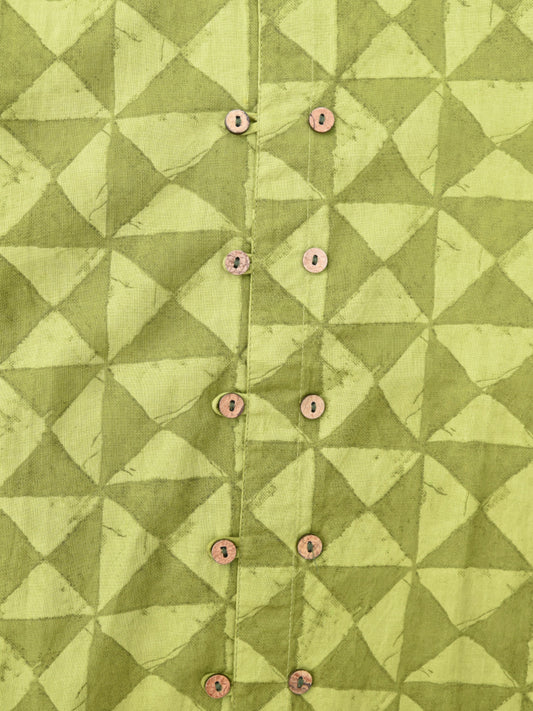 Boys Earthy Green Double Button Full Sleeves Mandarin Collar Shirt