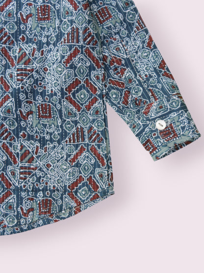 Boys Elephant Kantha Full Sleeves Spread Collar Shirt