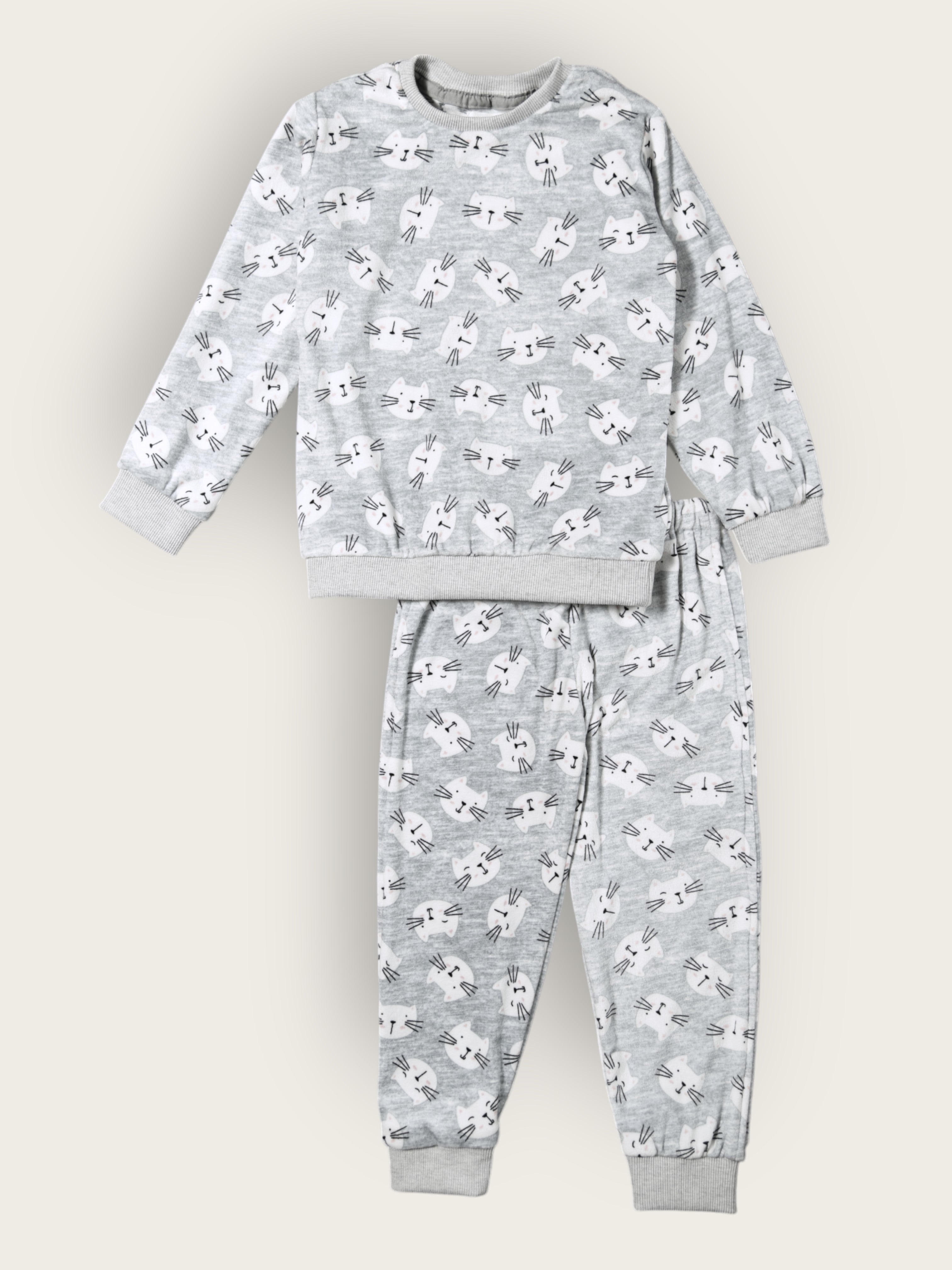 Kids Grey Cat Fleece Winter NightSet