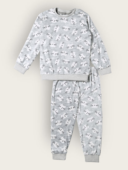Kids Grey Cat Fleece Winter NightSet