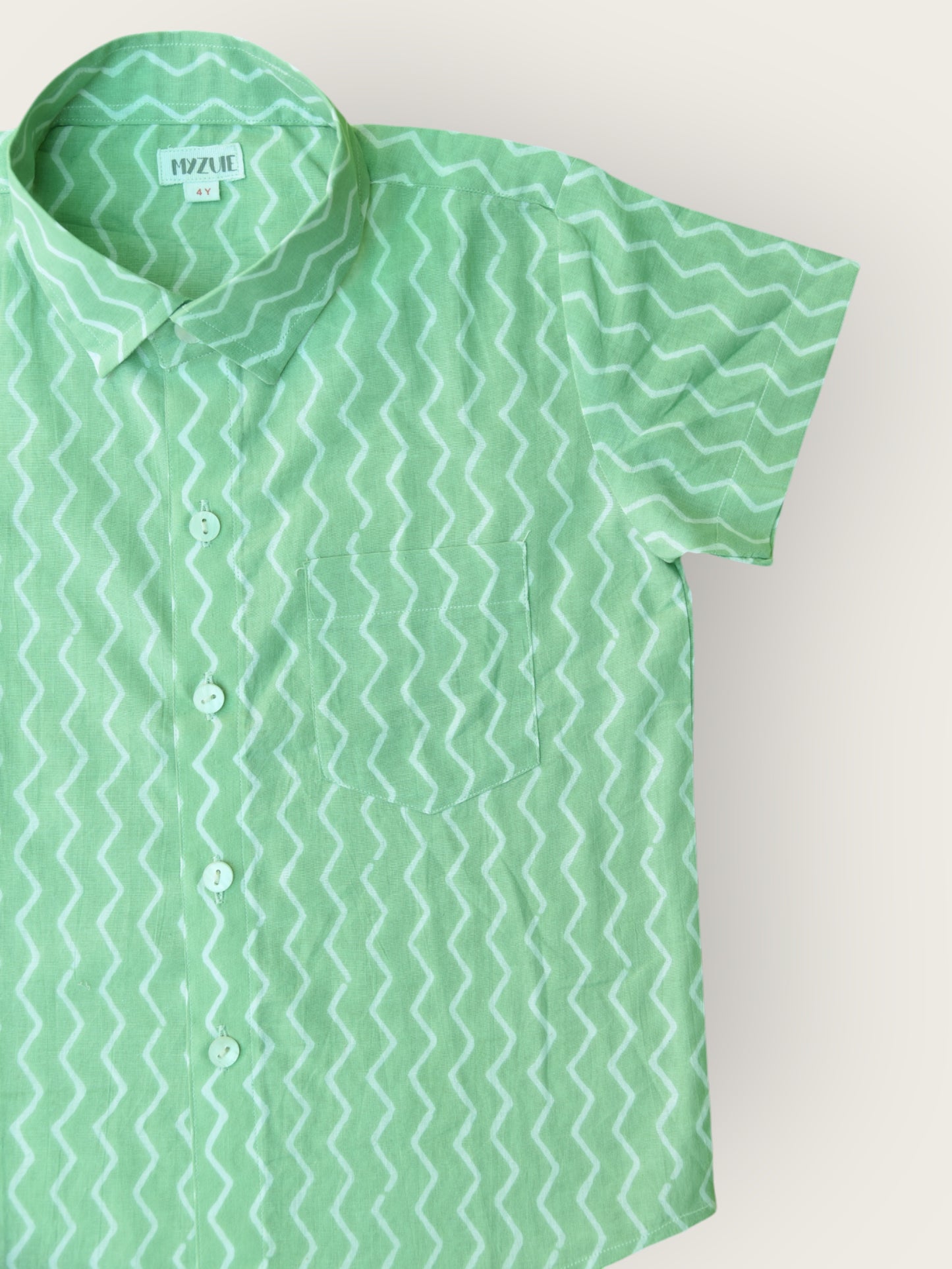 Boys Green Chevron Half Sleeves Spread Collar Shirt