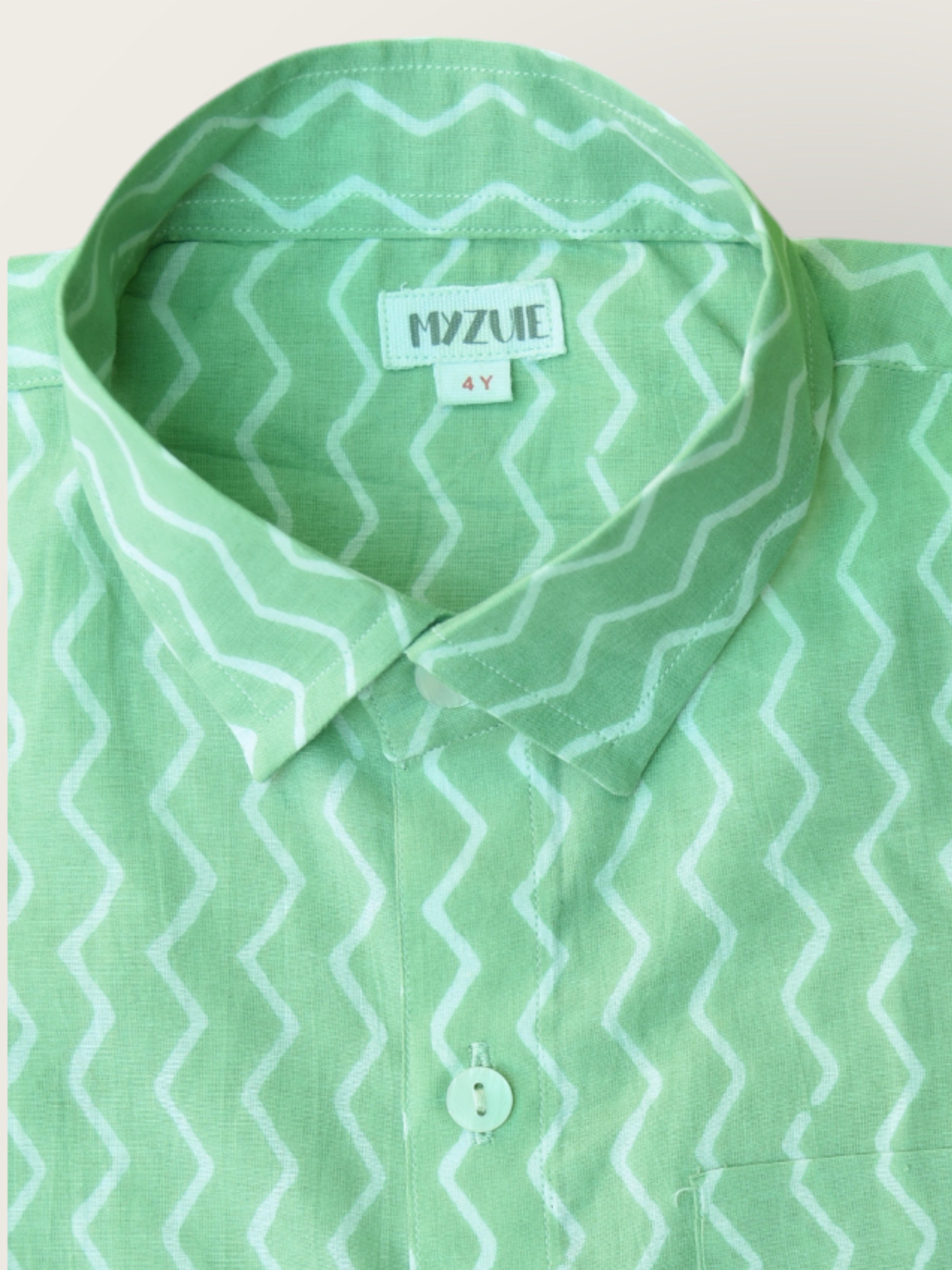Boys Green Chevron Half Sleeves Spread Collar Shirt