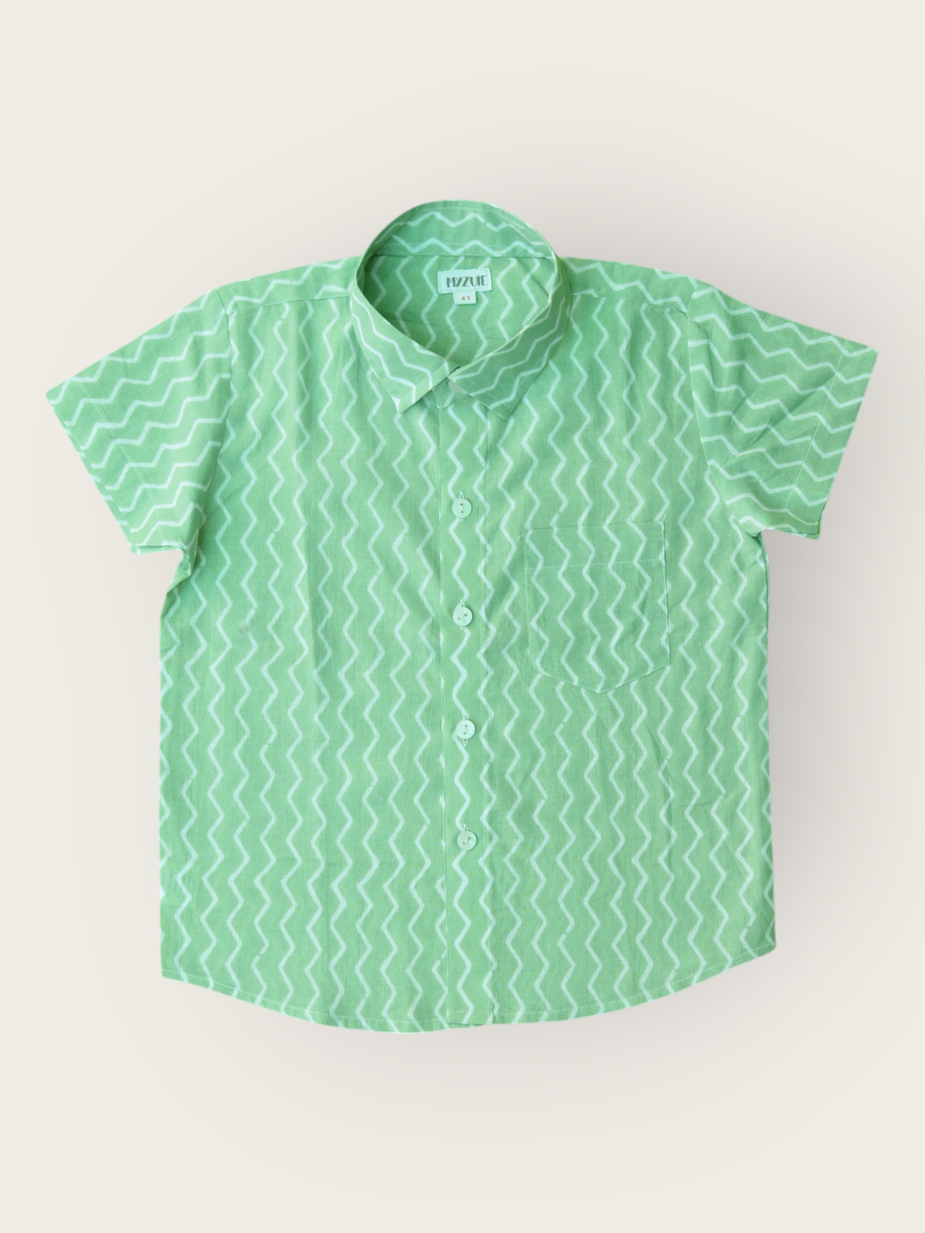 Boys Green Chevron Half Sleeves Spread Collar Shirt
