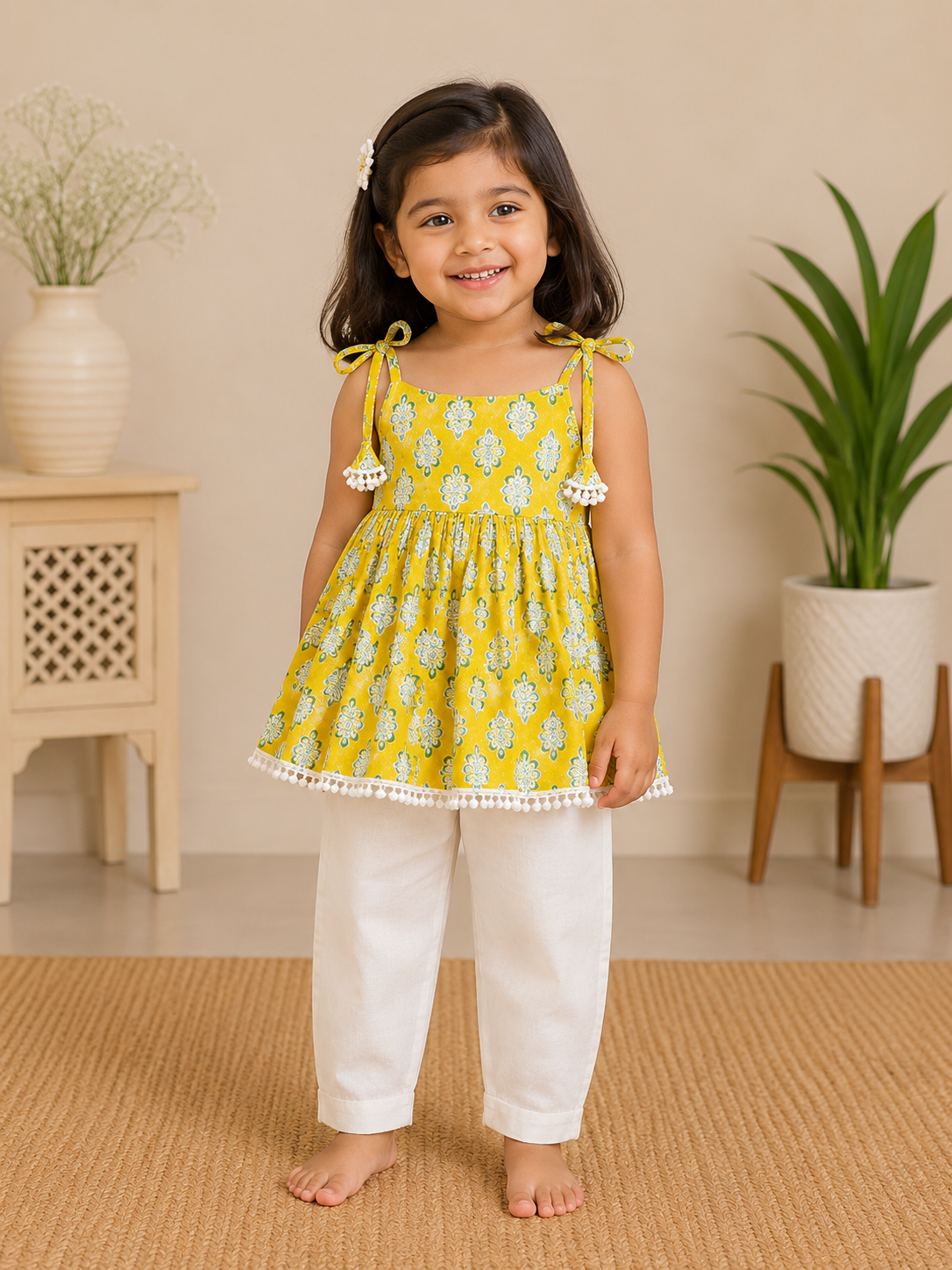 Girls Yellow Gathered Top White Pants Set