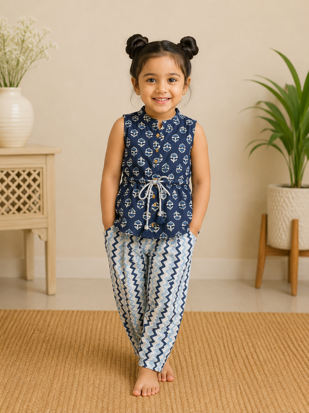 Girls Indigo Top Chevron Pants Set