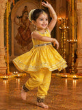 Girls Yellow Paisley Bandhej Kurta Pants Set