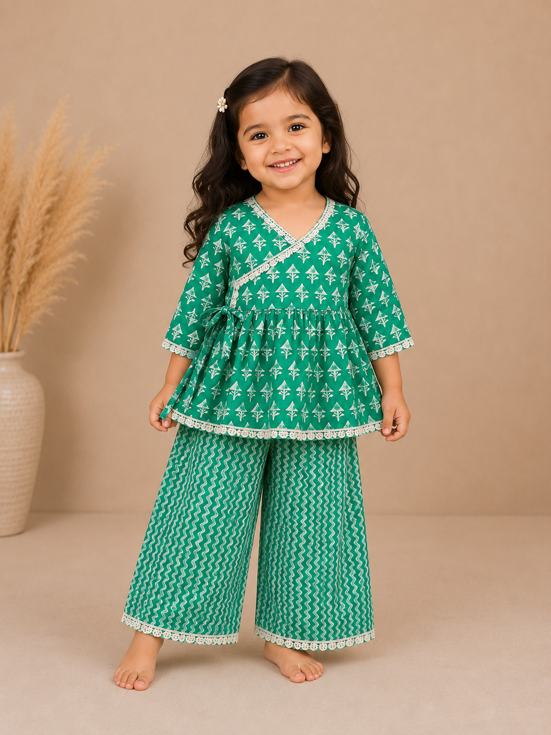 Girls Emerald Angrakha Kurta Culottes Set
