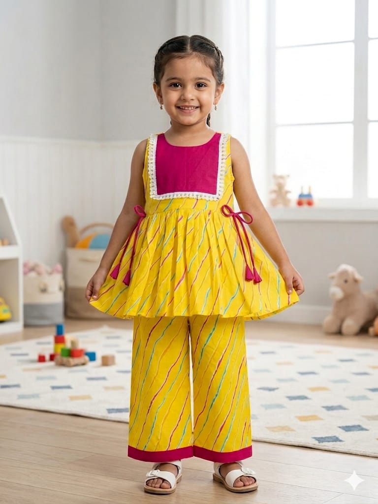 Girls Yellow Leheriya Co-ord Set