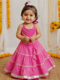 Girls Pink Bandhej Tiered Lehenga Halter Choli Set