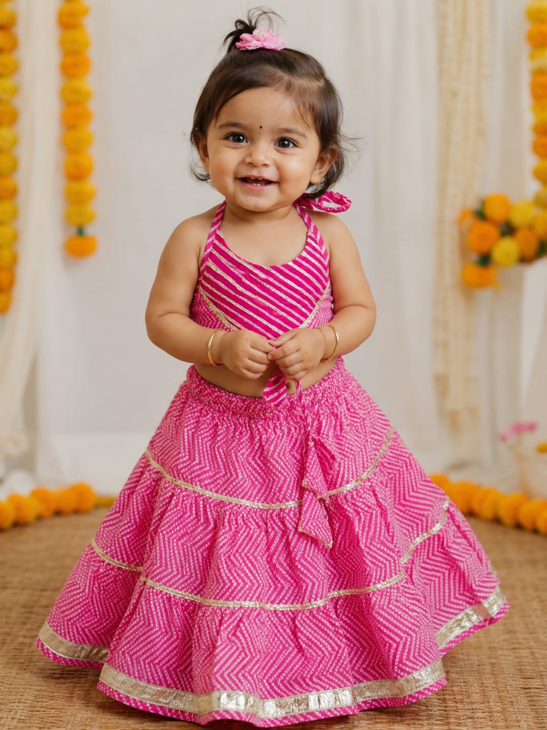Girls Pink Bandhej Tiered Lehenga Halter Choli Set