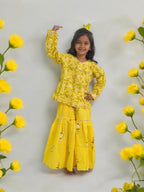 Girls Yellow Jaal Kurta Sharara Set