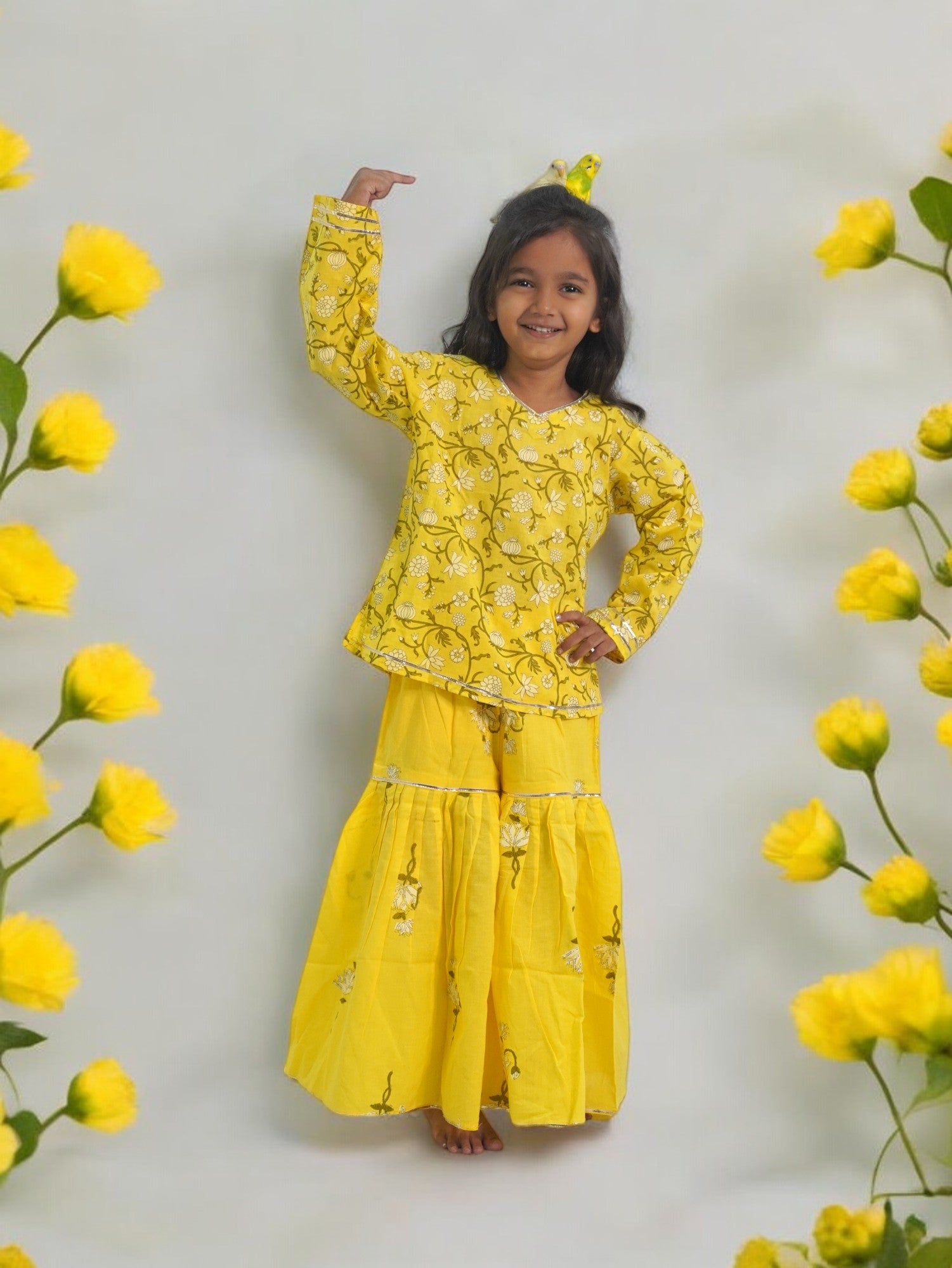Girls Yellow Jaal Kurta Sharara Set