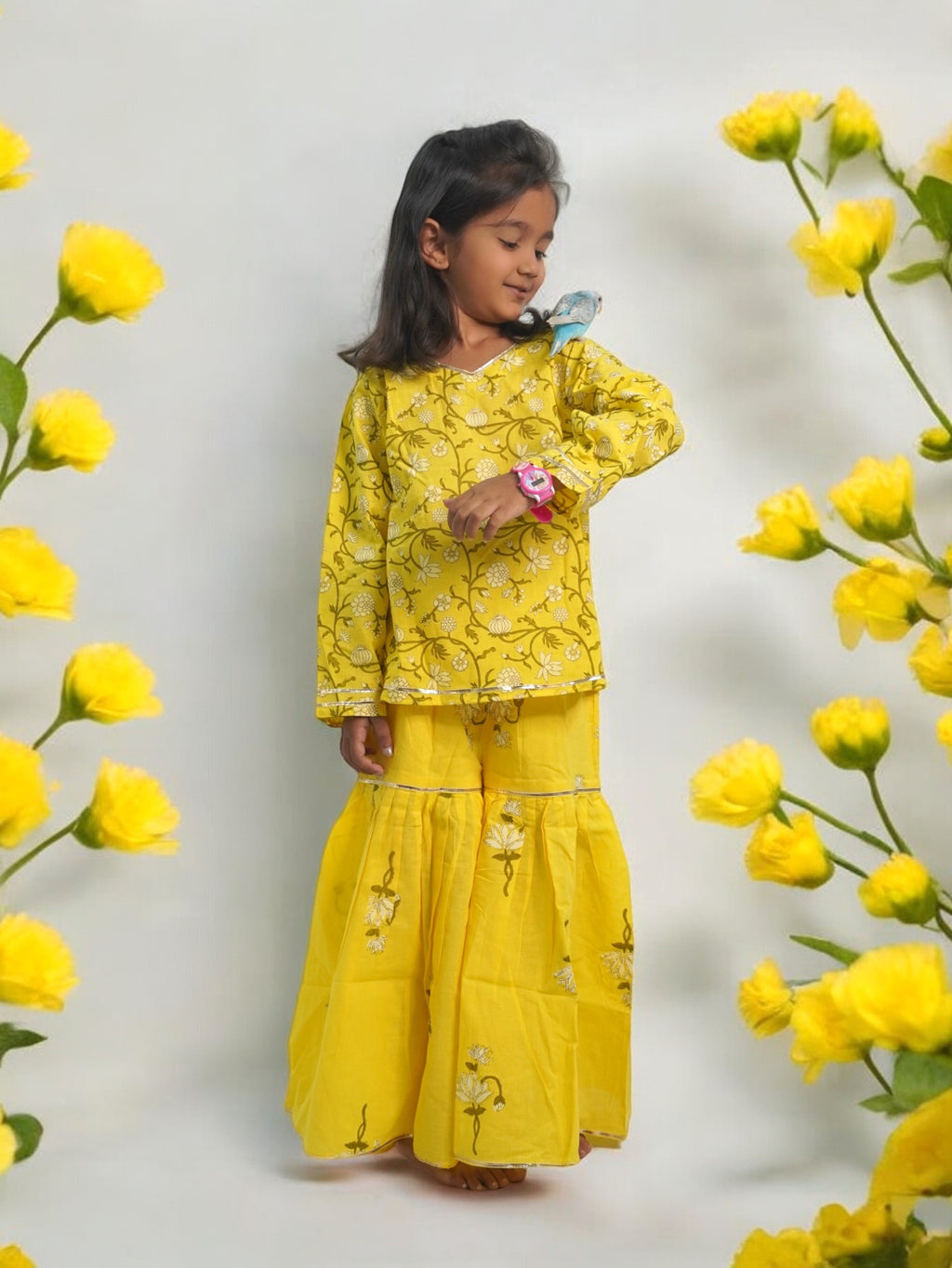 Girls Yellow Jaal Kurta Sharara Set