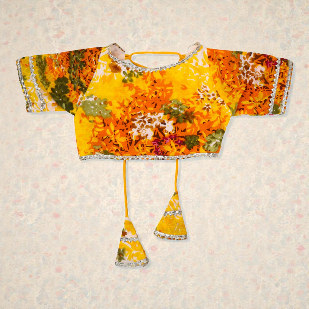 Yellow Floral Dobby Lehenga with Tie up Choli and Dupatta set