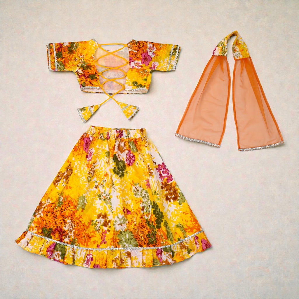 Yellow Floral Dobby Lehenga with Tie up Choli and Dupatta set