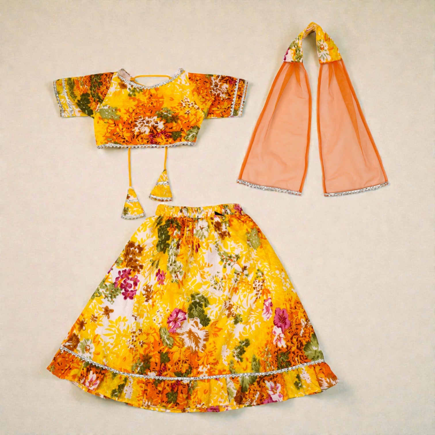 Yellow Floral Dobby Lehenga with Tie up Choli and Dupatta set