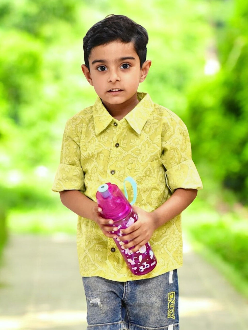 Boys Lime Floral Full Sleeves Spread Collar Shirt
