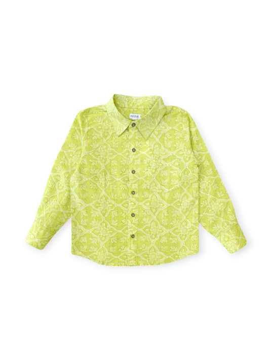 Boys Lime Floral Full Sleeves Spread Collar Shirt