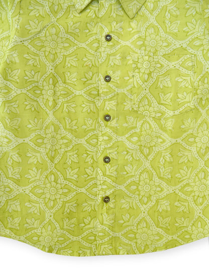 Boys Lime Floral Full Sleeves Spread Collar Shirt