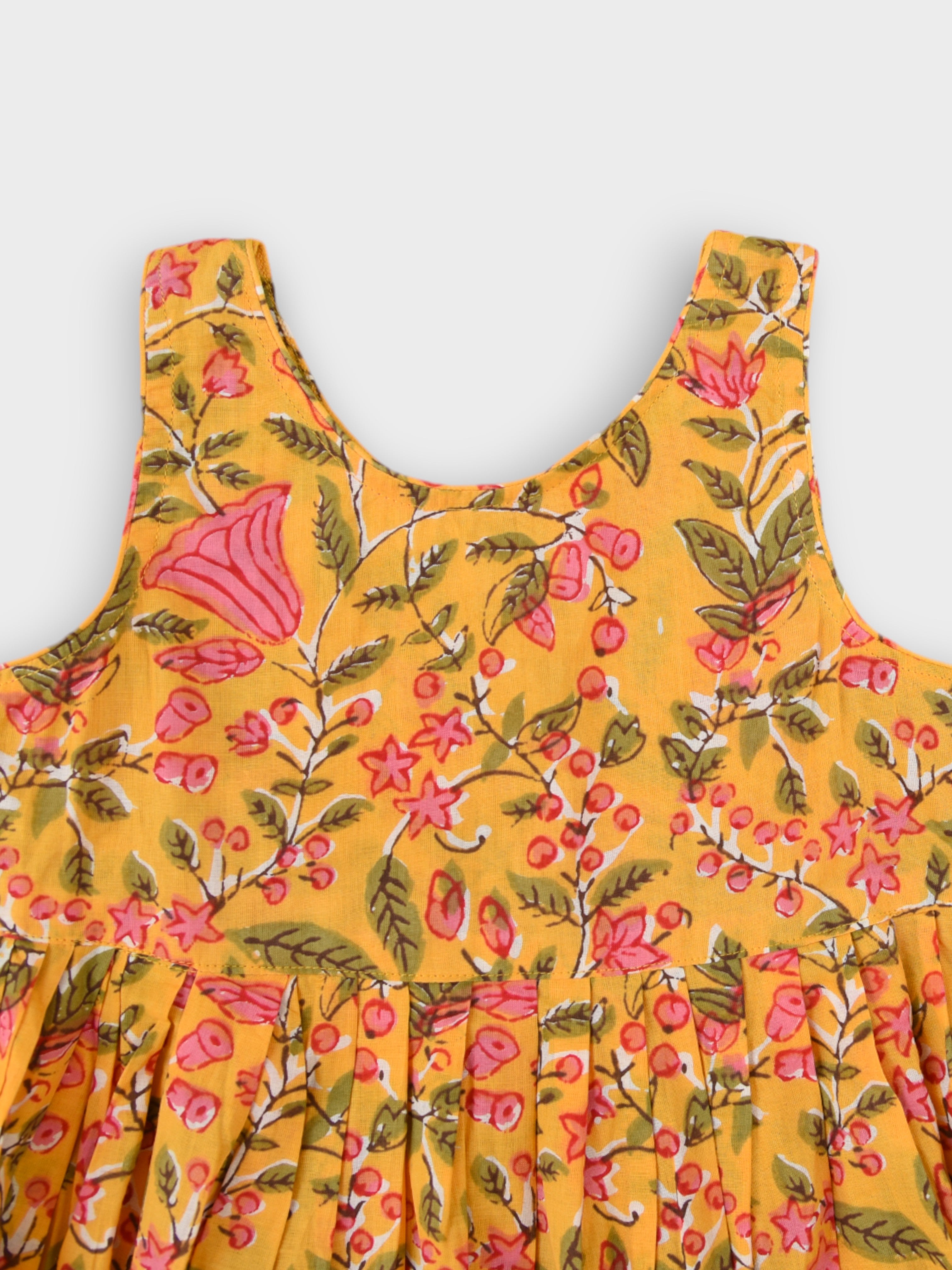 Girls Mustard Floral Gathered Slip Dress