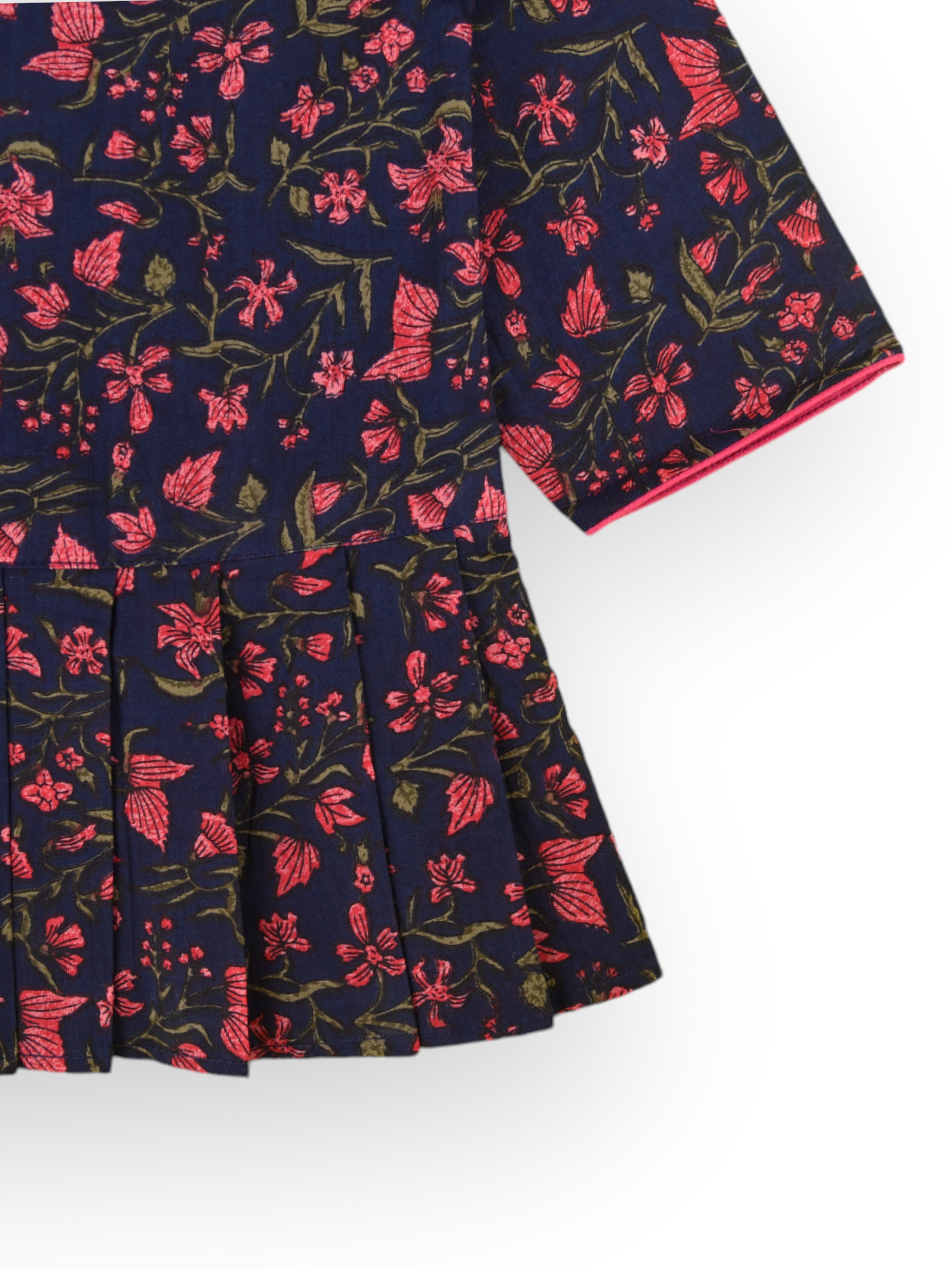 Girls Navy Blue Floral Knife Pleated Dress