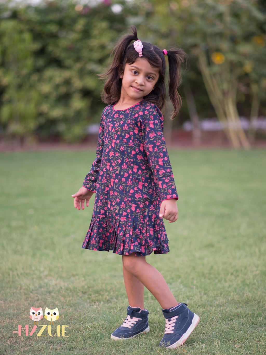 Girls Navy Blue Floral Knife Pleated Dress