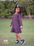 Girls Navy Blue Floral Knife Pleated Dress
