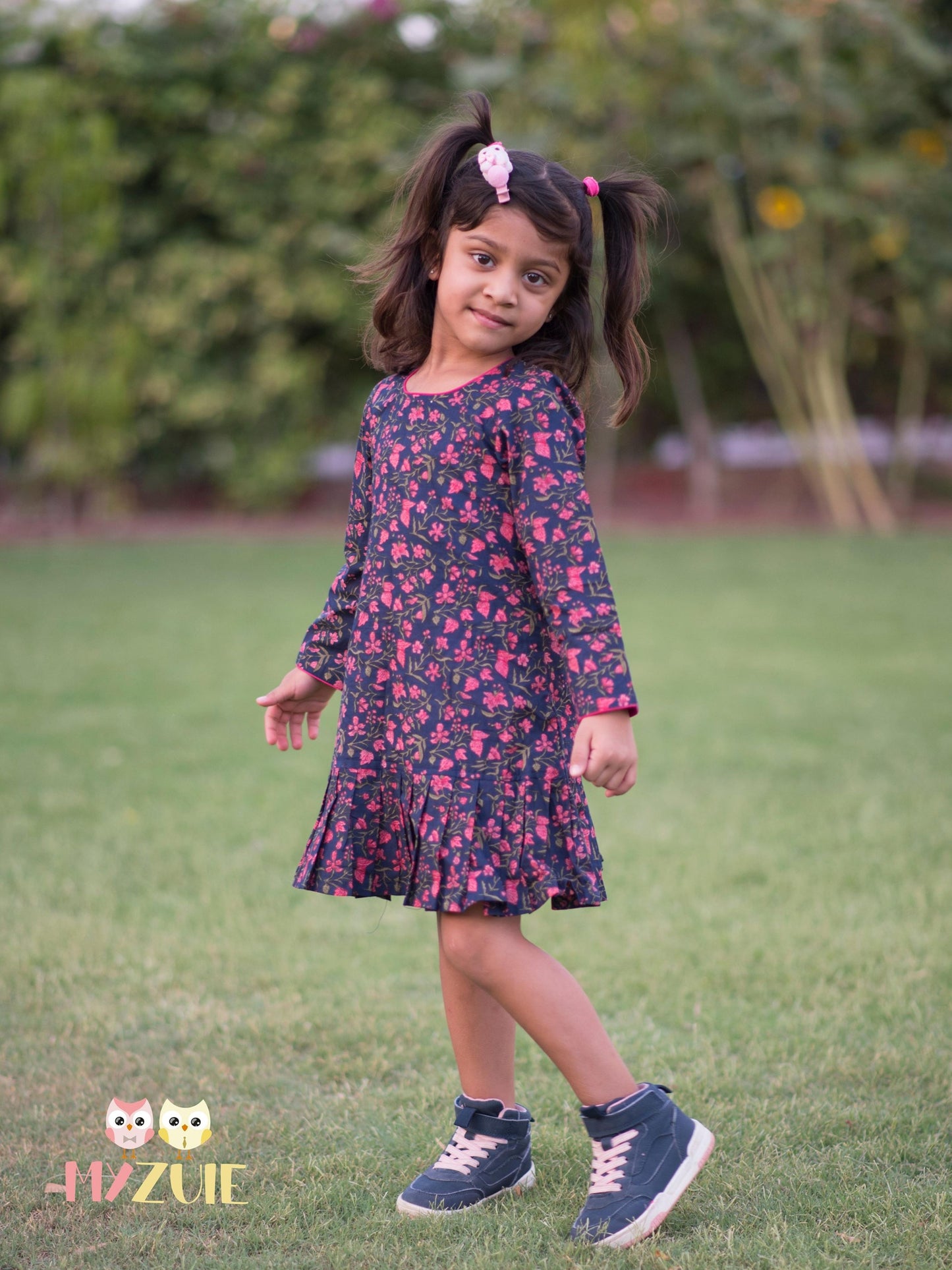 Girls Navy Blue Floral Knife Pleated Dress