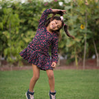 Girls Navy Blue Floral Knife Pleated Dress