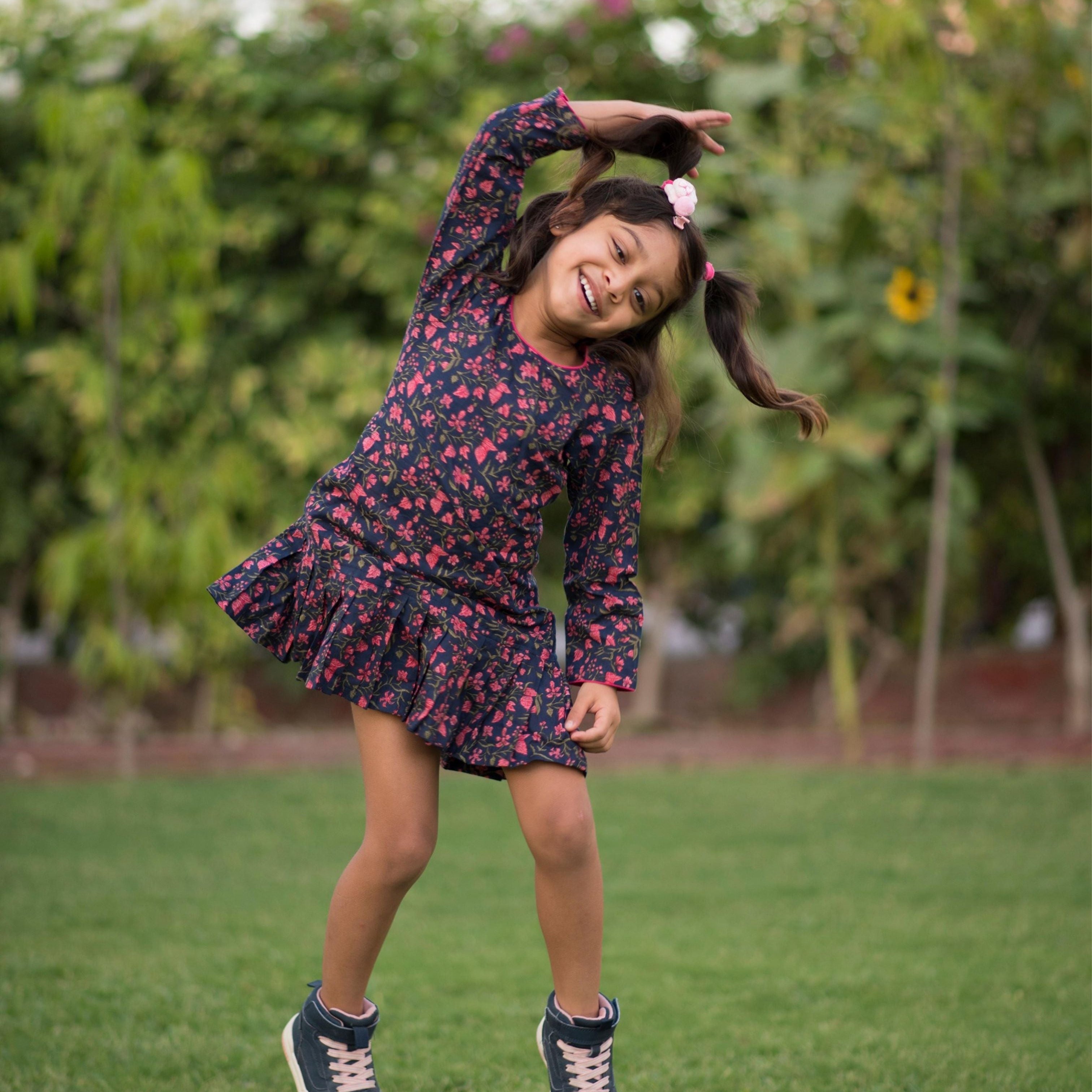 Girls Navy Blue Floral Knife Pleated Dress