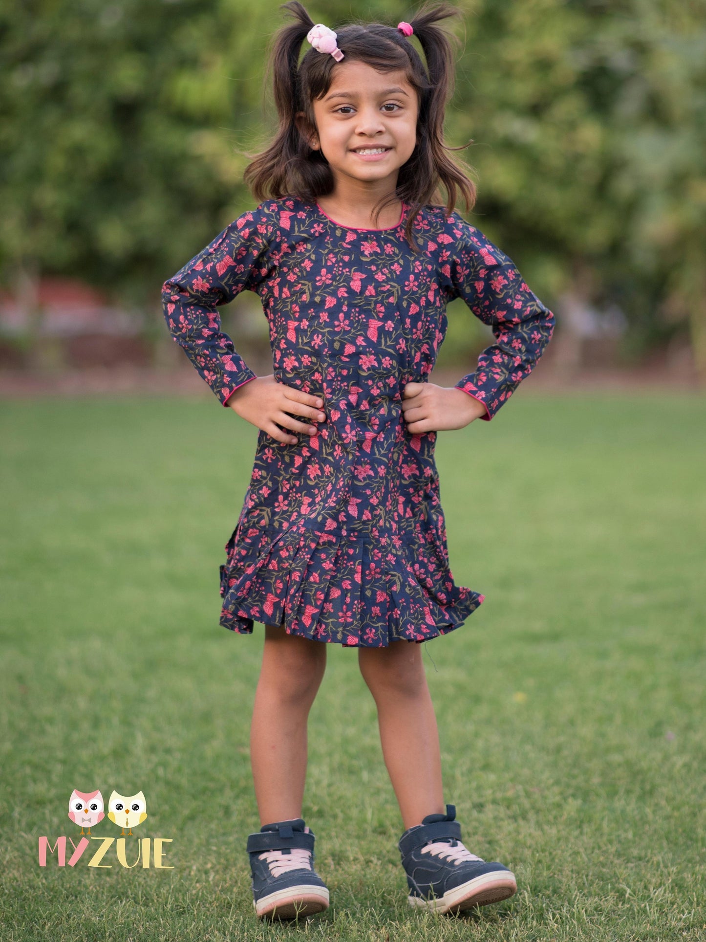 Girls Navy Blue Floral Knife Pleated Dress