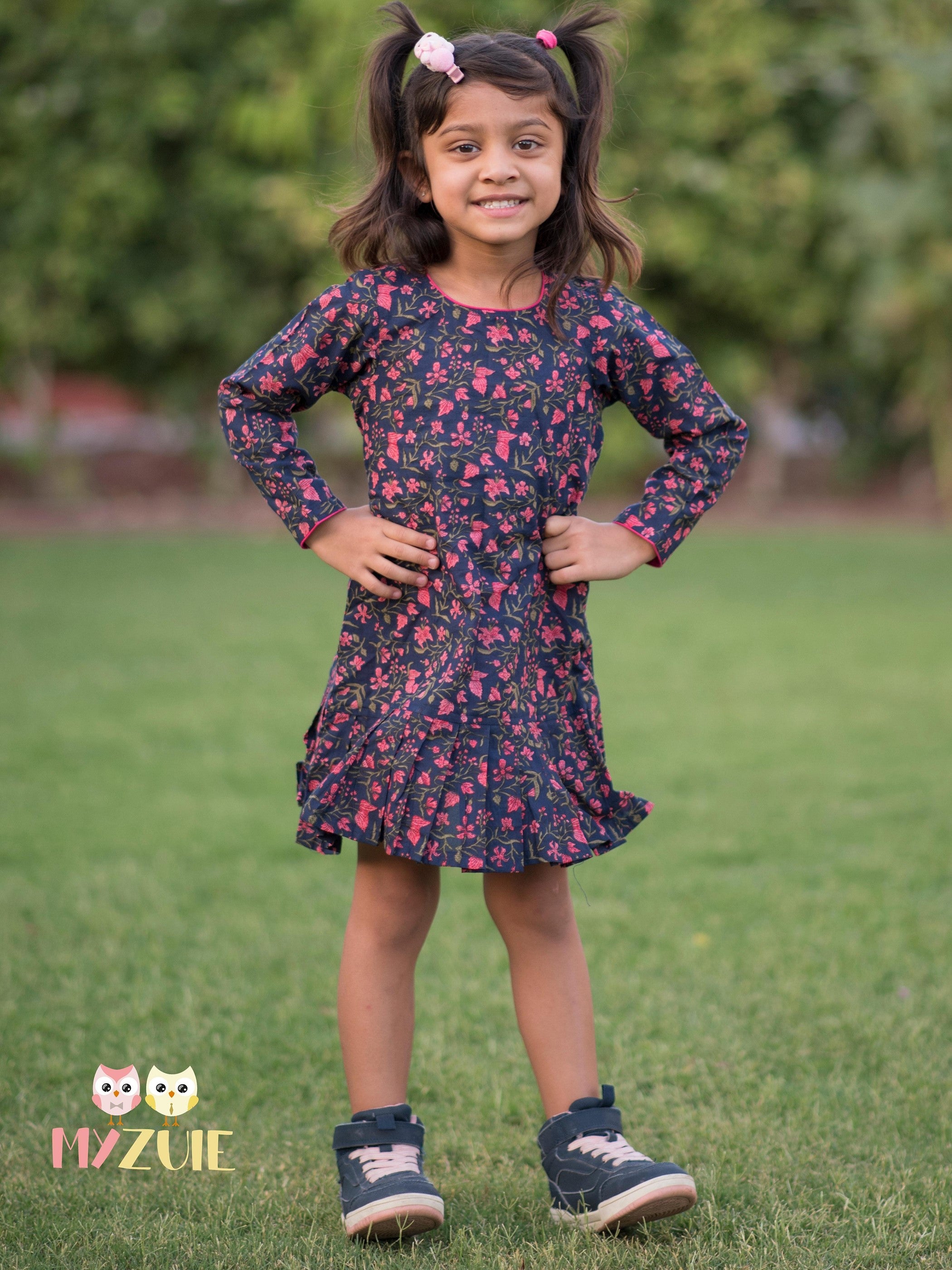 Girls Navy Blue Floral Knife Pleated Dress