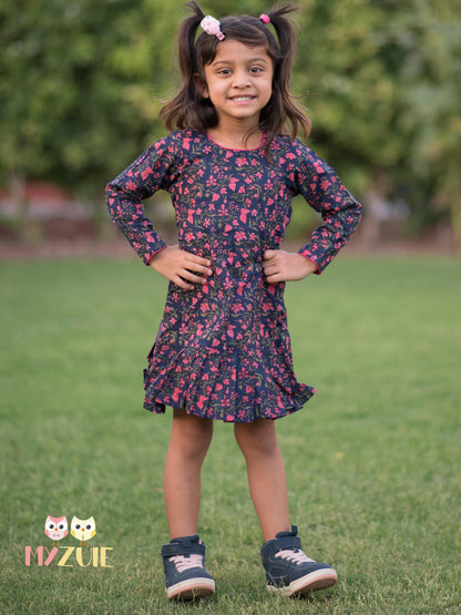 Girls Navy Blue Floral Knife Pleated Dress