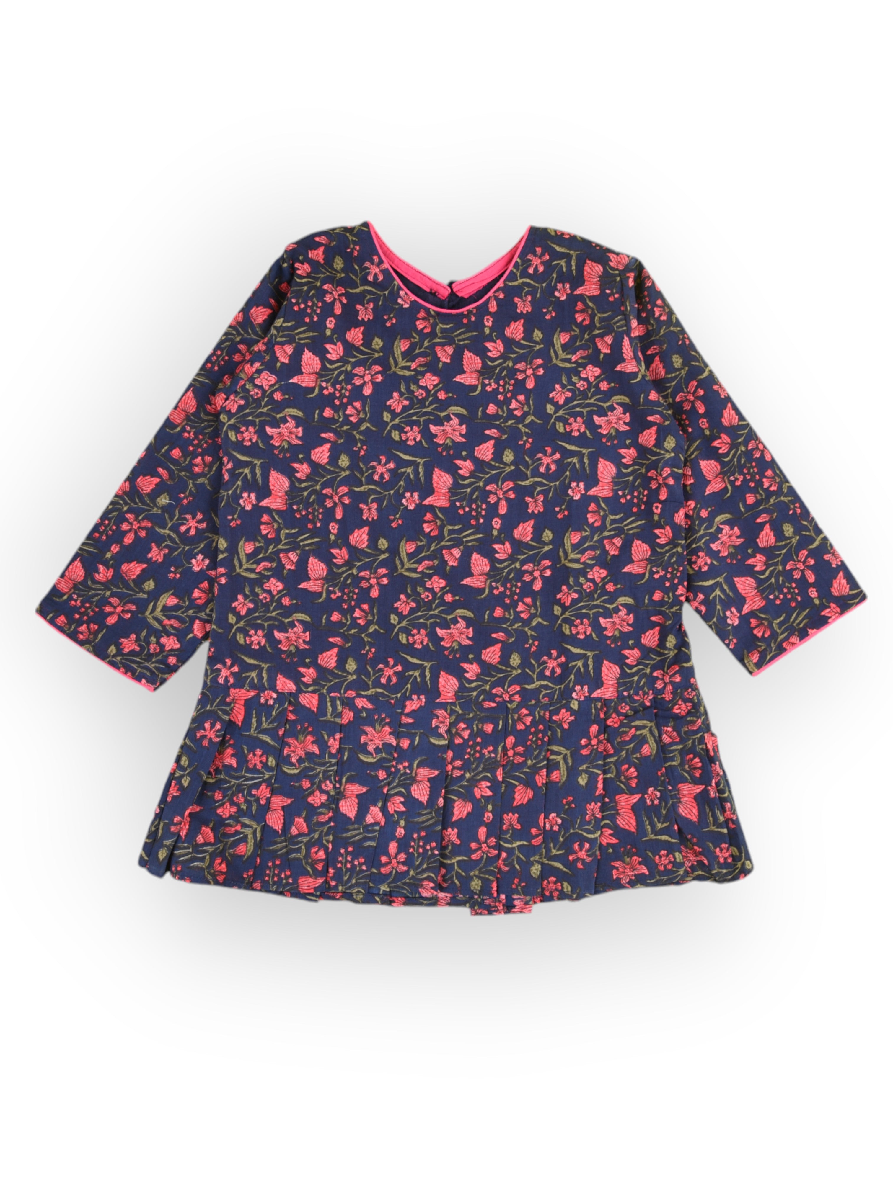 Girls Navy Blue Floral Knife Pleated Dress