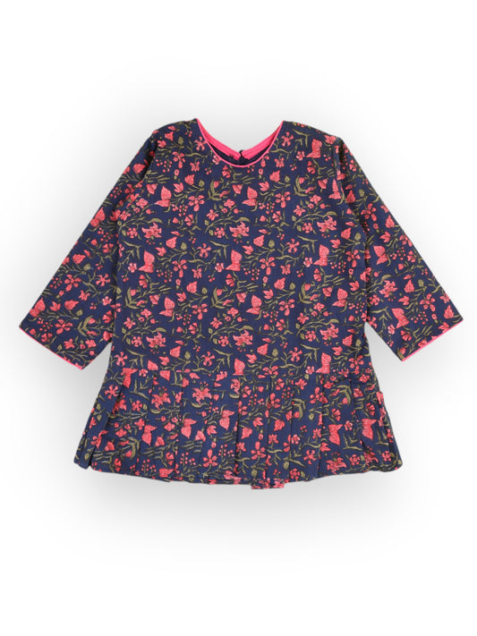 Girls Navy Blue Floral Knife Pleated Dress