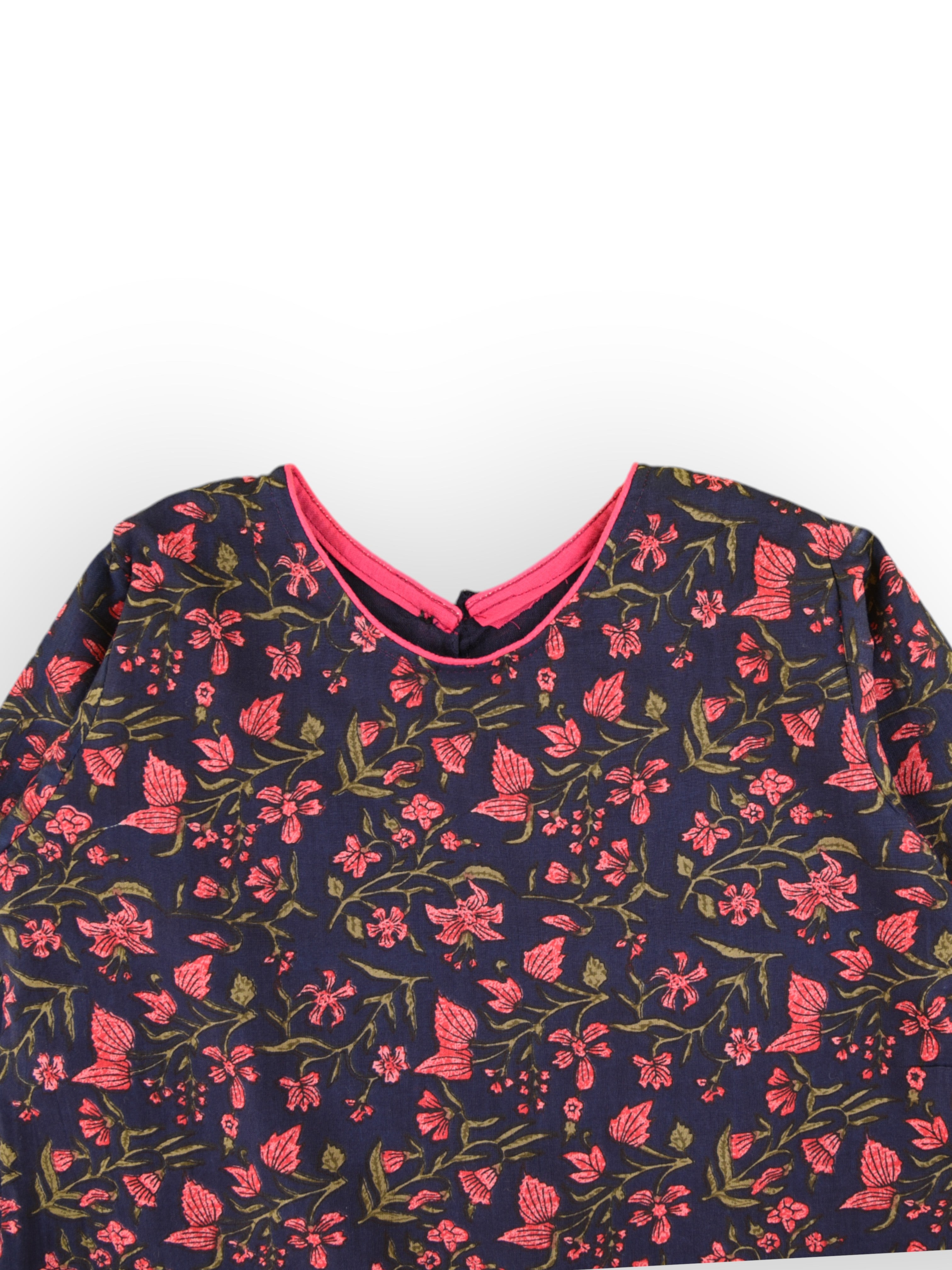 Girls Navy Blue Floral Knife Pleated Dress