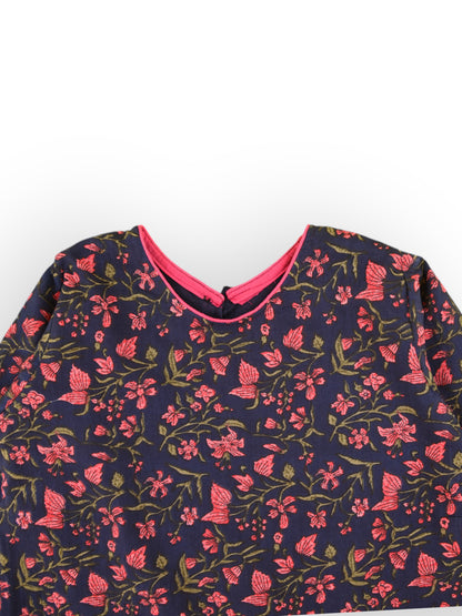 Girls Navy Blue Floral Knife Pleated Dress