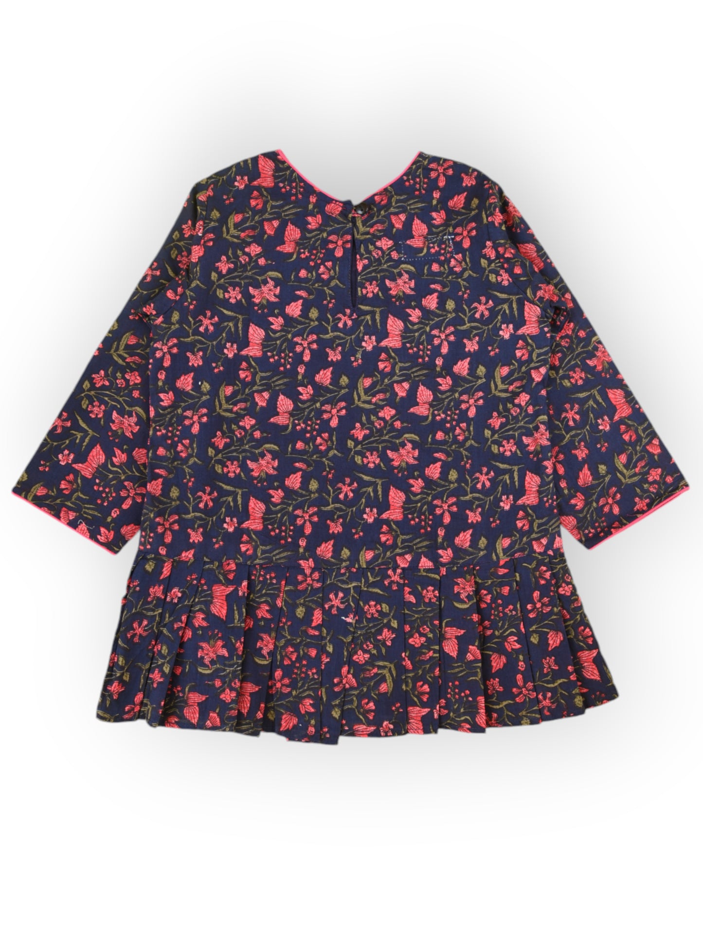 Girls Navy Blue Floral Knife Pleated Dress