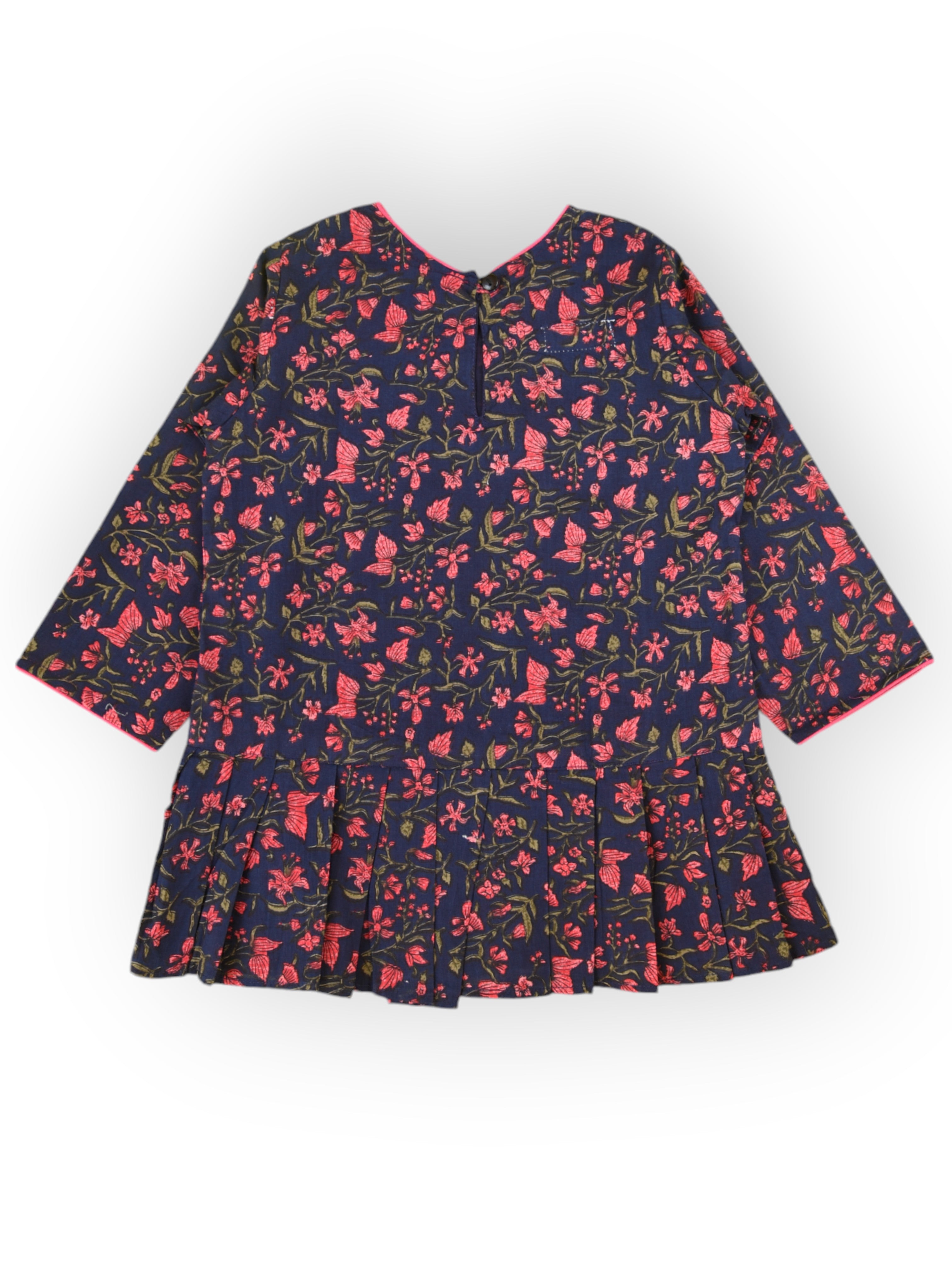 Girls Navy Blue Floral Knife Pleated Dress